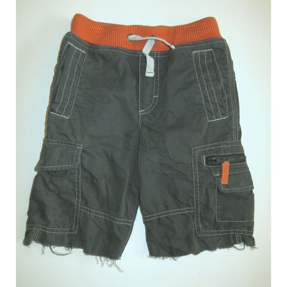 Mini Boden boys techno cargo shorts gray orange cut-offs PLAY zip off pants 5 Y